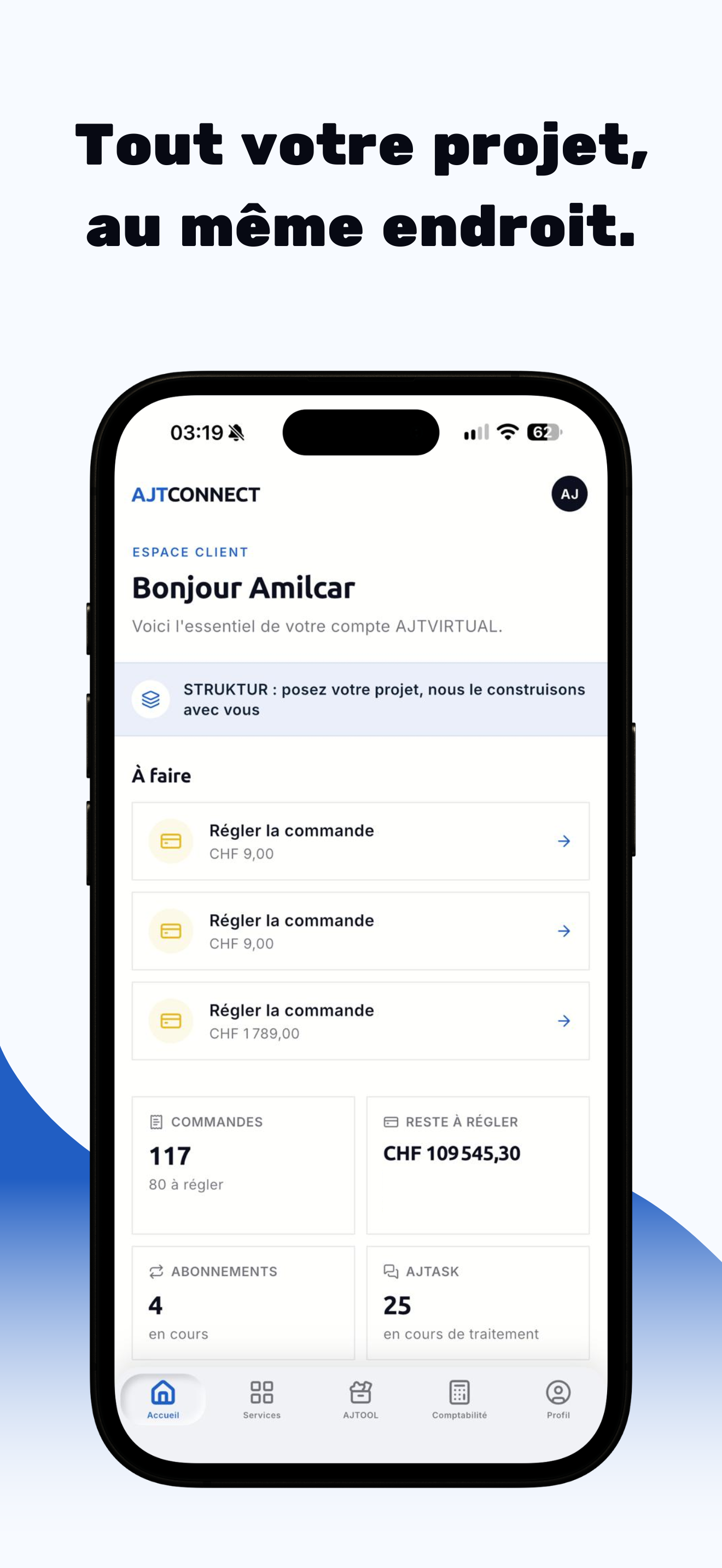 «Dein gesamtes Projekt – alles an einem Ort.» Startseite von AJT Connect: zu erledigende Aufträge und Kontoübersicht.