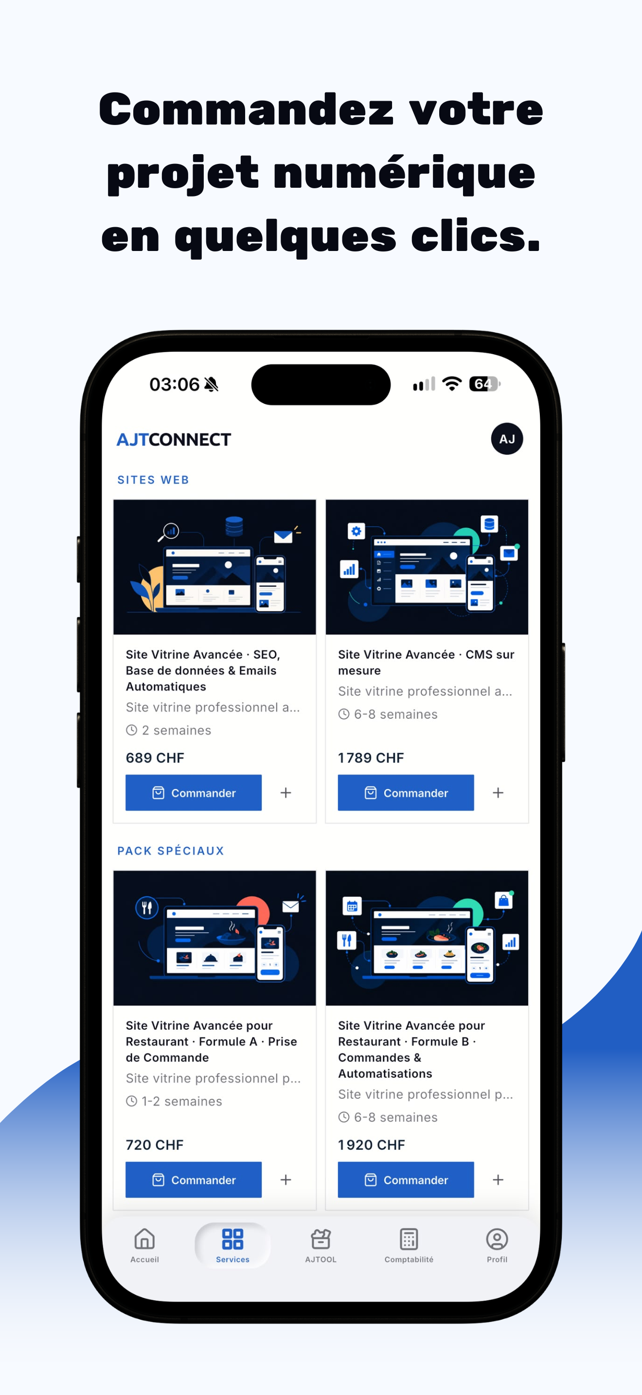 «Bestellen Sie Ihr digitales Projekt mit nur wenigen Klicks.» AJT Connect-Leistungskatalog.